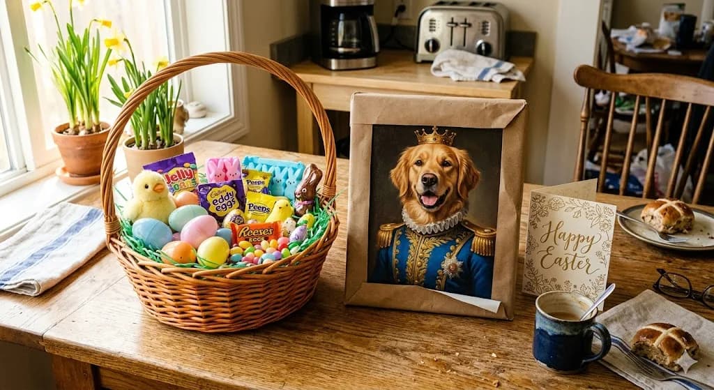Easter basket for adults. A canvas oil painting of the family dog made an unexpectedly perfect Easter basket gift for a kid.