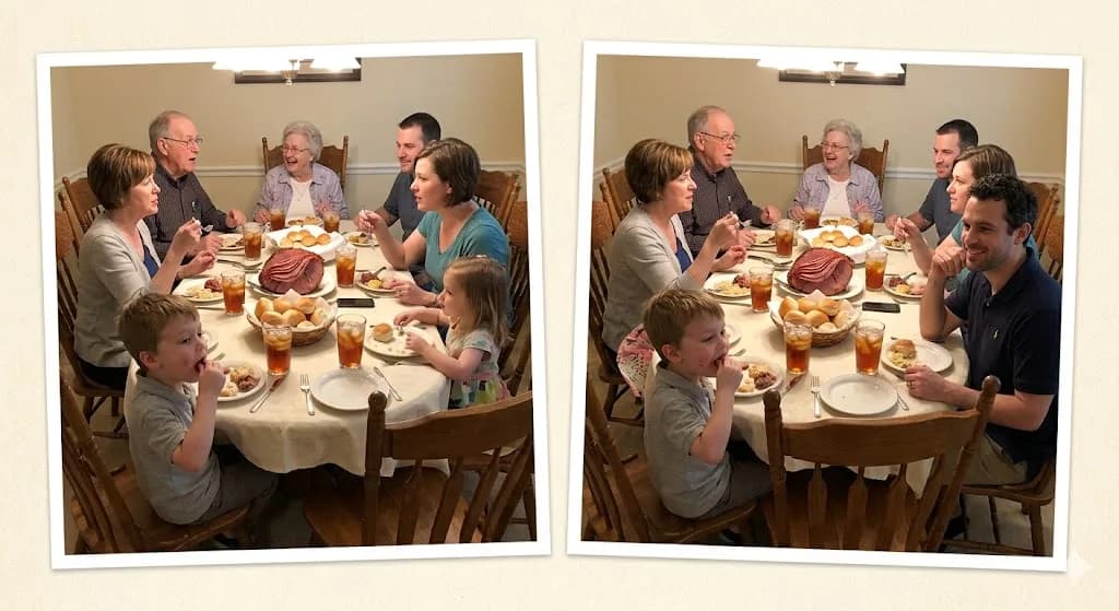 Everyone at Easter dinner. A military uncle stationed overseas is added into the Easter dinner photo so the family can have a complete picture framed in their dining room.
