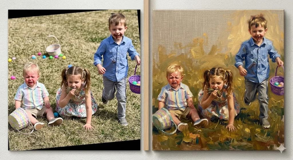 The Easter photo that was pure chaos. The most chaotic Easter photo ever taken became the family's favorite piece of art when turned into an oil painting.