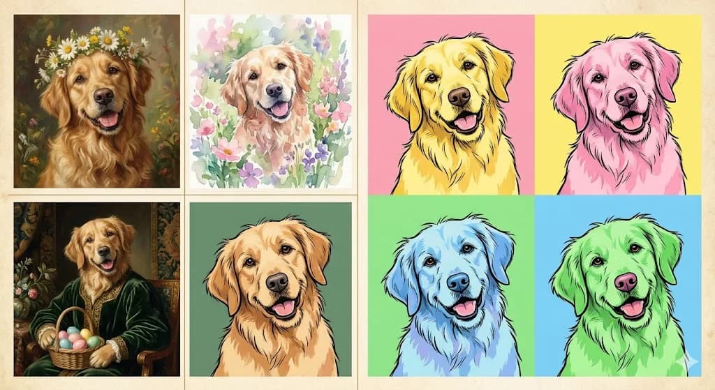 Spring portrait collection. One casual phone photo of a dog becomes four wildly different spring-themed paintings, each one canvas-worthy.
