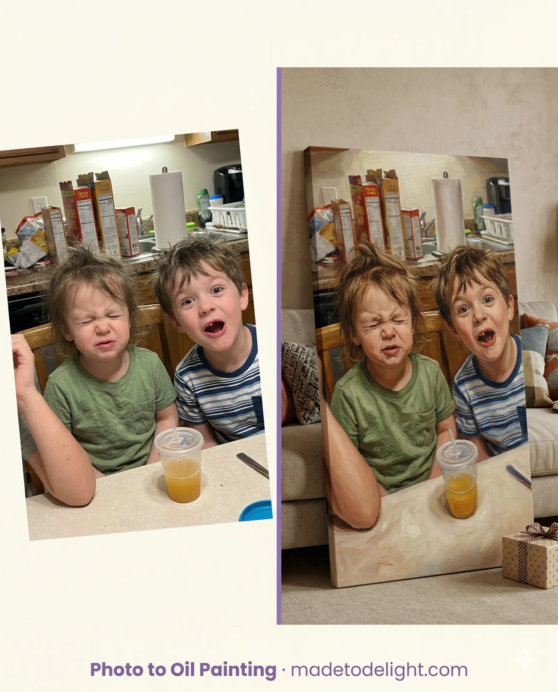 Her favorite photo of the kids. Mom's favorite imperfect photo of the kids becomes an oil painting on canvas she won't let go of.