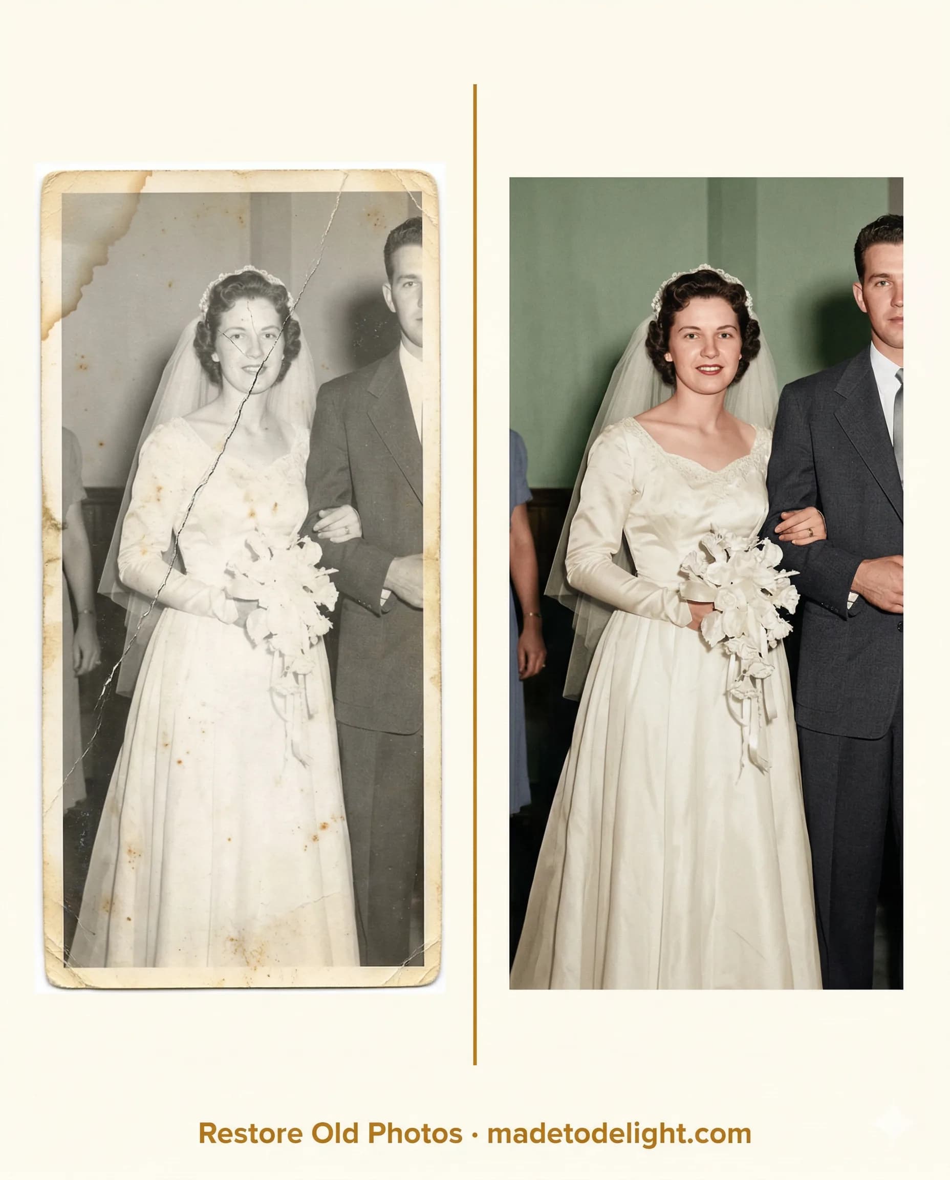 Her parents' wedding photo rescued. A daughter restores her mom's parents' cracked 1953 wedding photo and gives it as a canvas print for Mother's Day, leaving her mom speechless.
