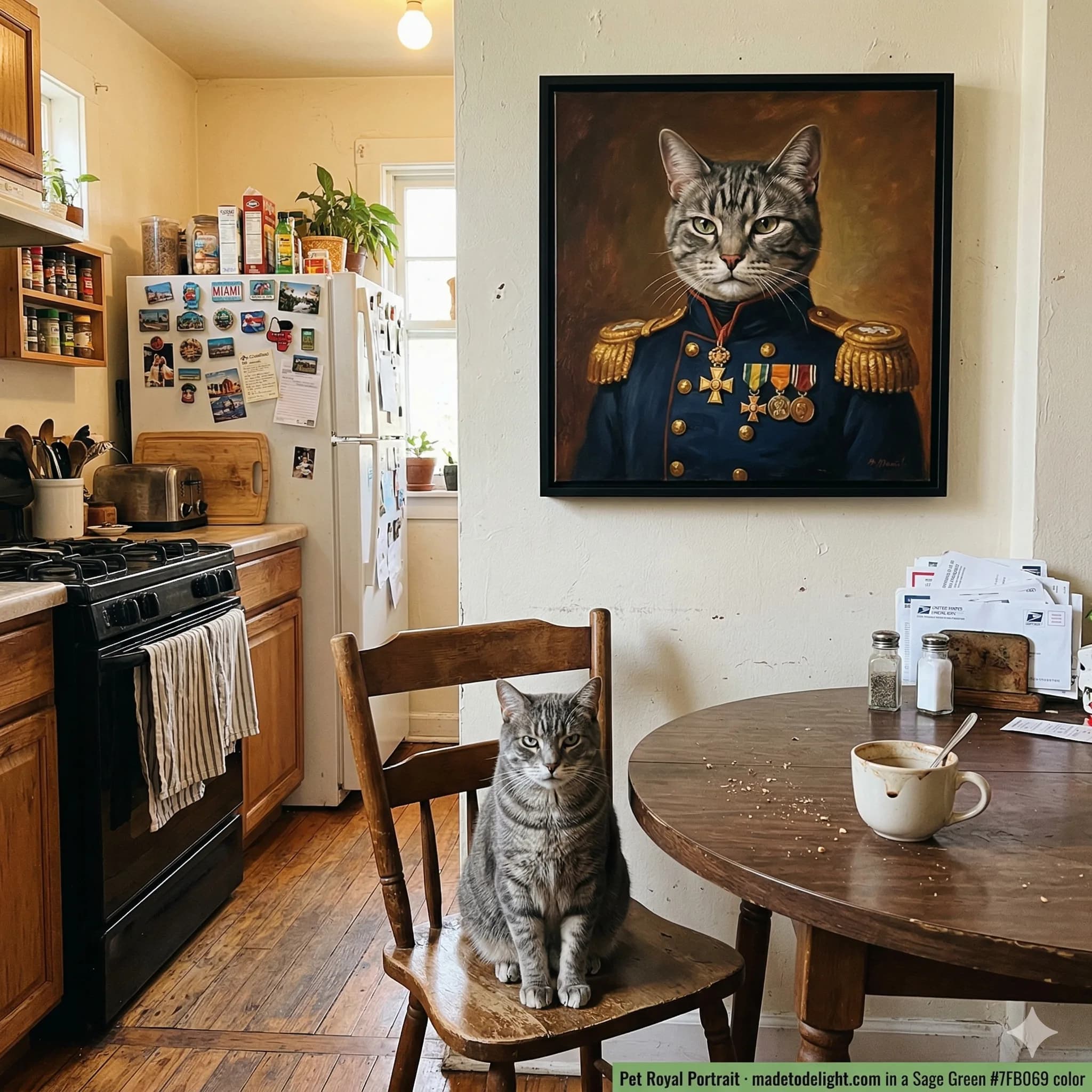 The cat who runs the house. A cat who already rules the house gets an oil painting portrait as a military general, and now poses under it daily.