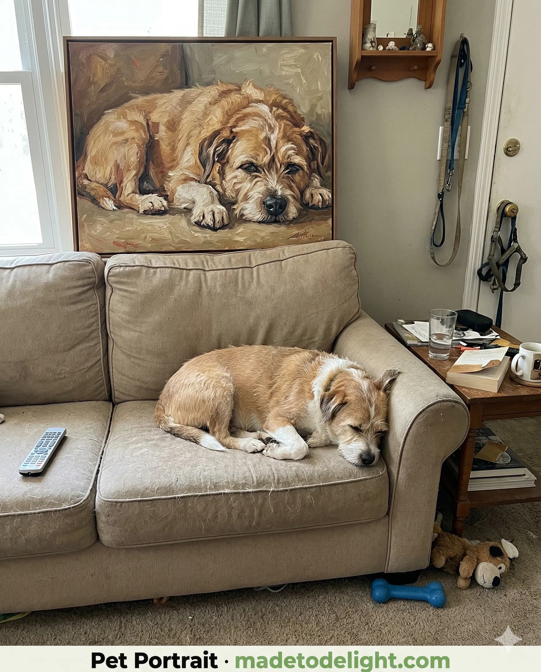 Painting above his actual spot. A dog's oil painting hangs directly above the exact couch cushion where he sleeps every day, and visitors can't tell which one is real.