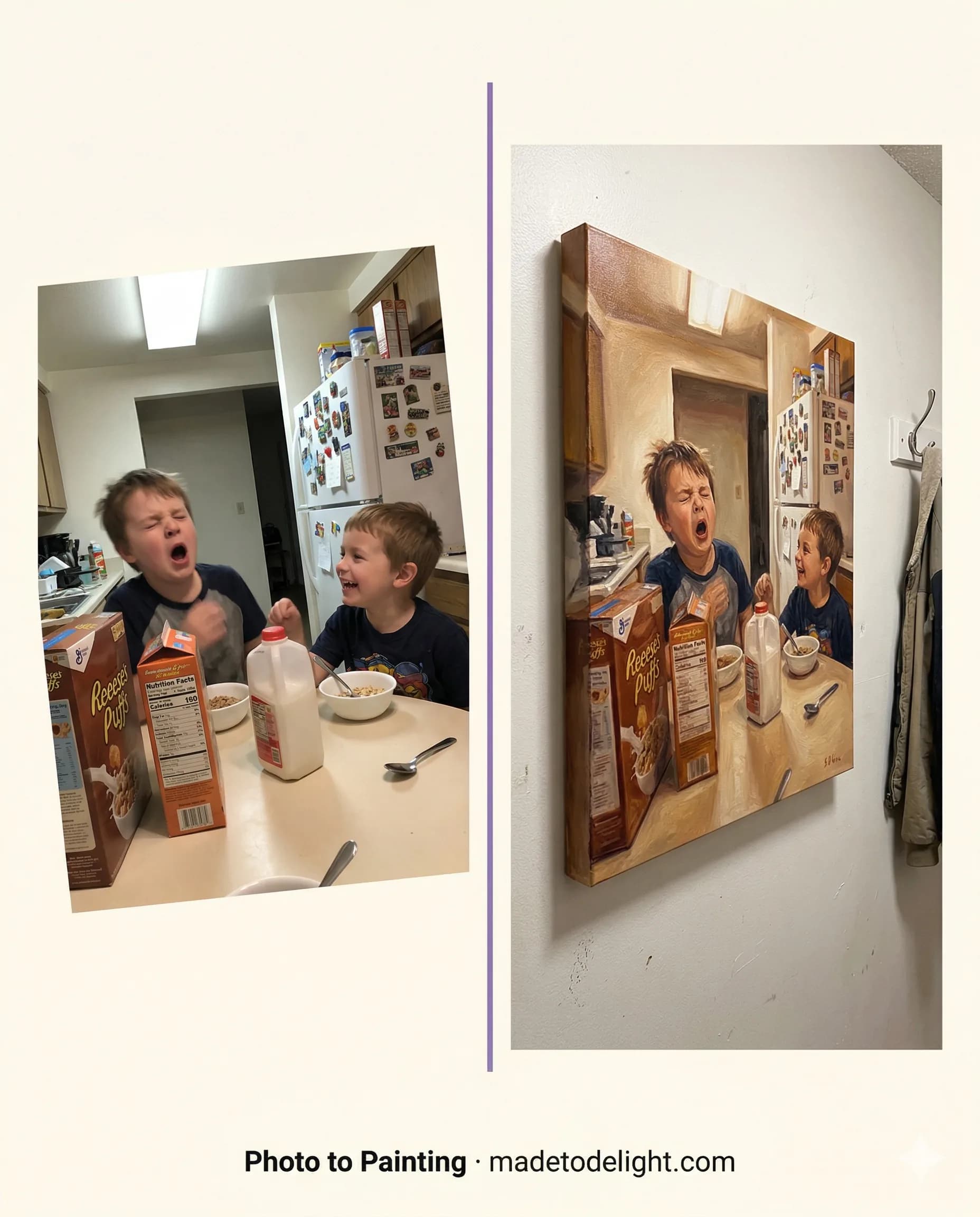 Mother's Day: the brunch surprise. A mom's favorite imperfect photo of her kids becomes a canvas painting she clutches to her chest at Mother's Day brunch.