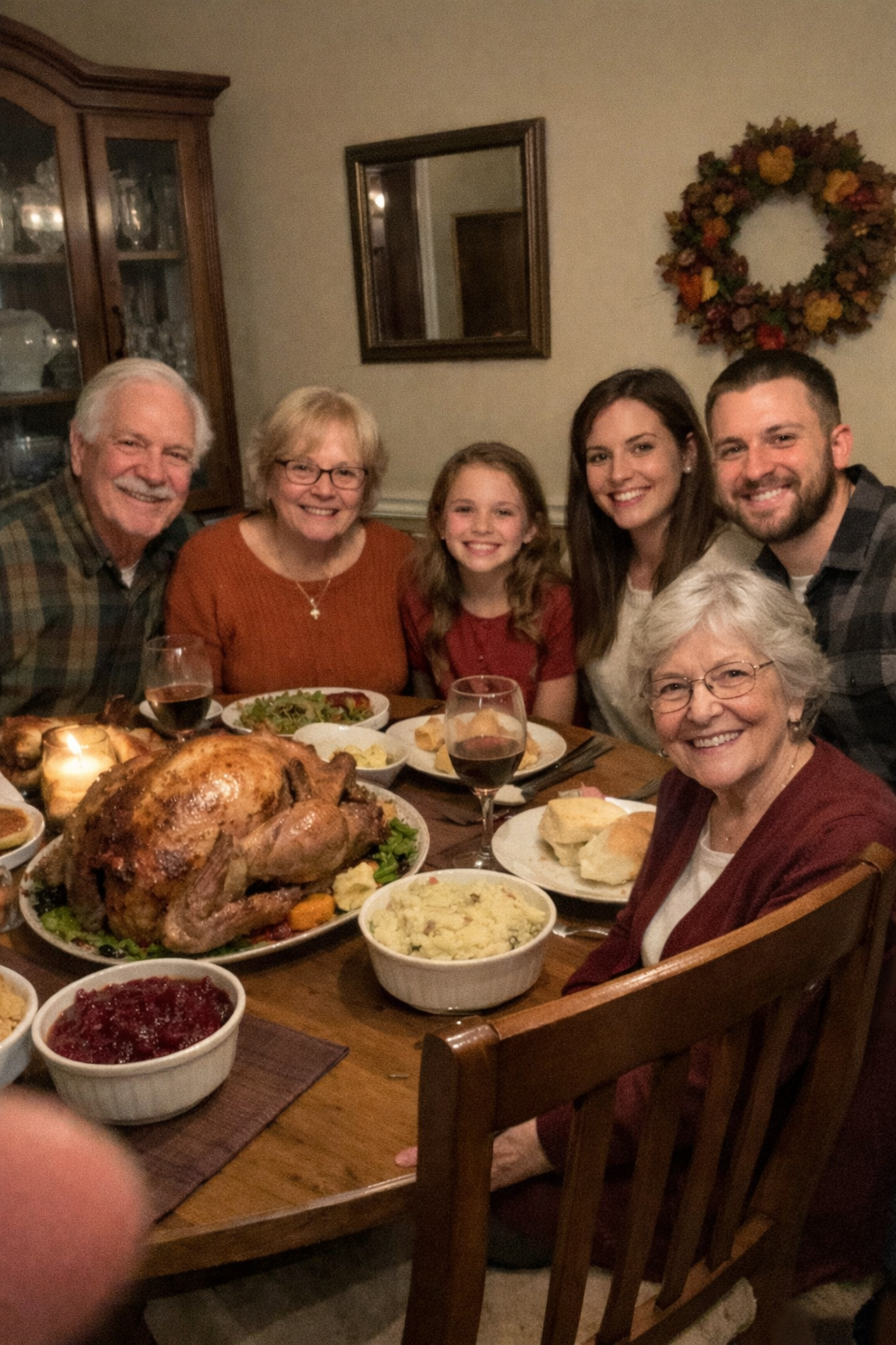 A family gathering photo with a loved one added back to her seat at the table