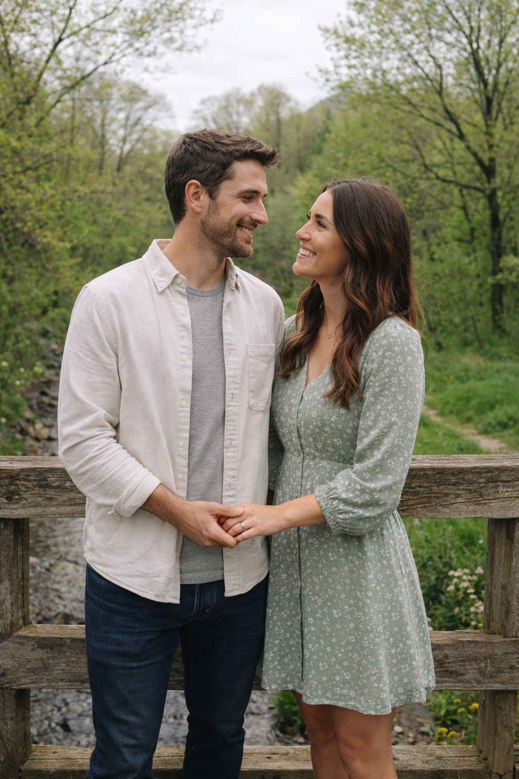 Engagement photo taken in summer with green foliage