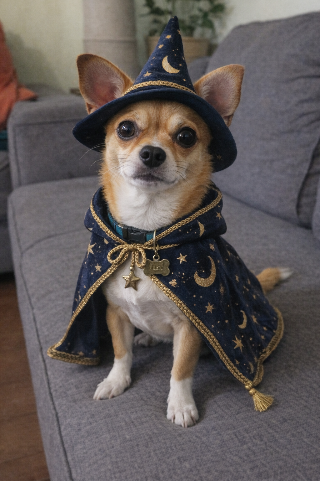 A small dog dressed as a wizard with magical elements