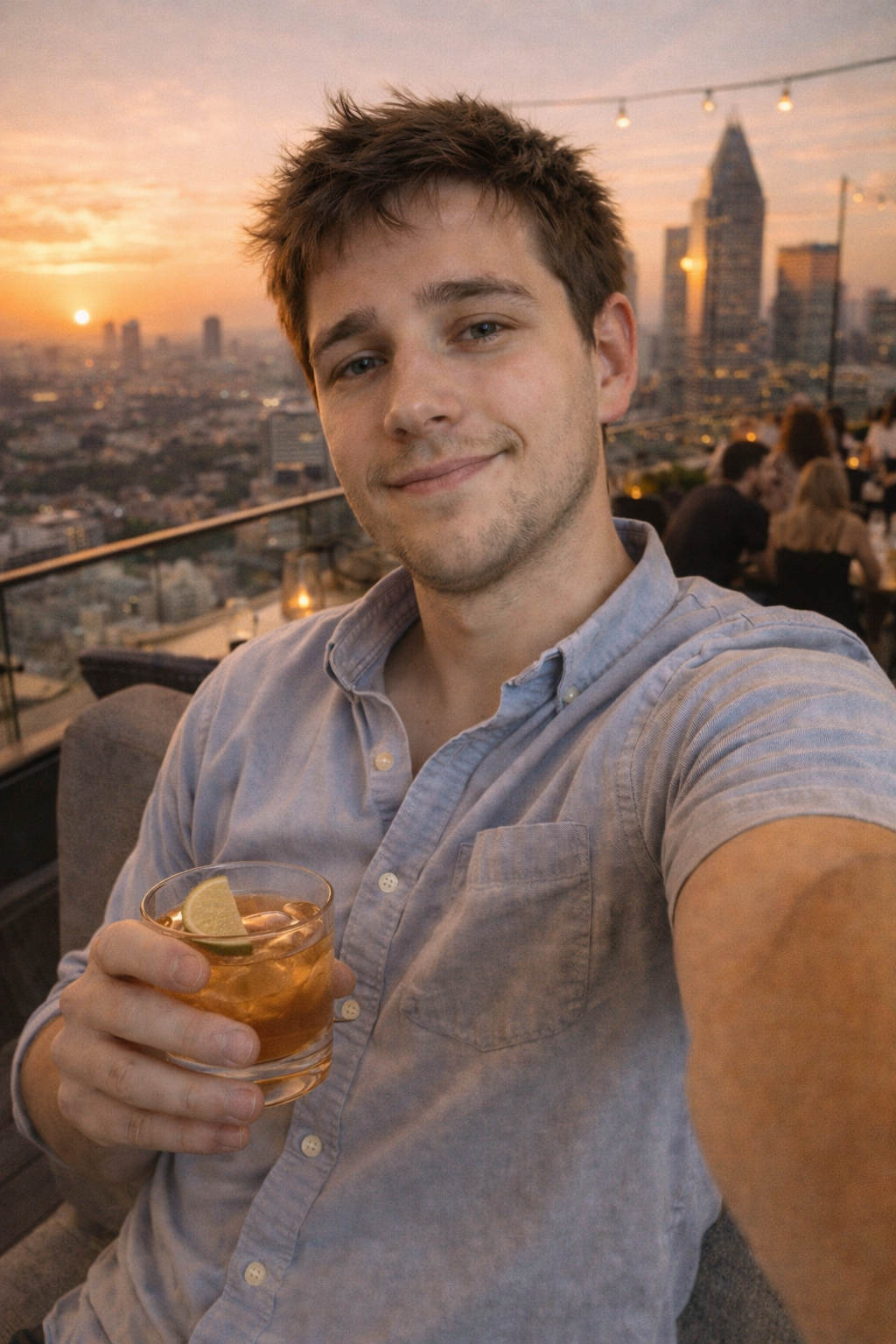 The same person now appearing to be at a rooftop bar with city skyline