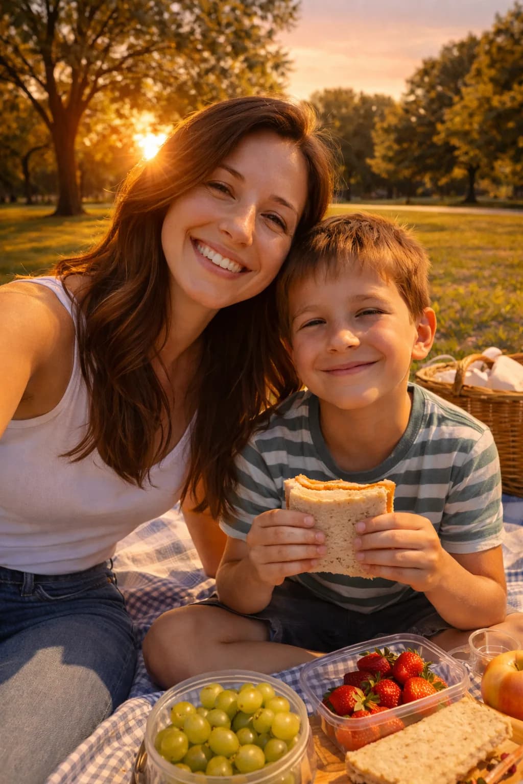 A mother and son at a picnic with golden hour lighting