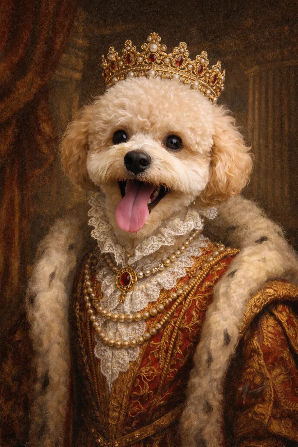 Cat dressed as royalty with crown and throne