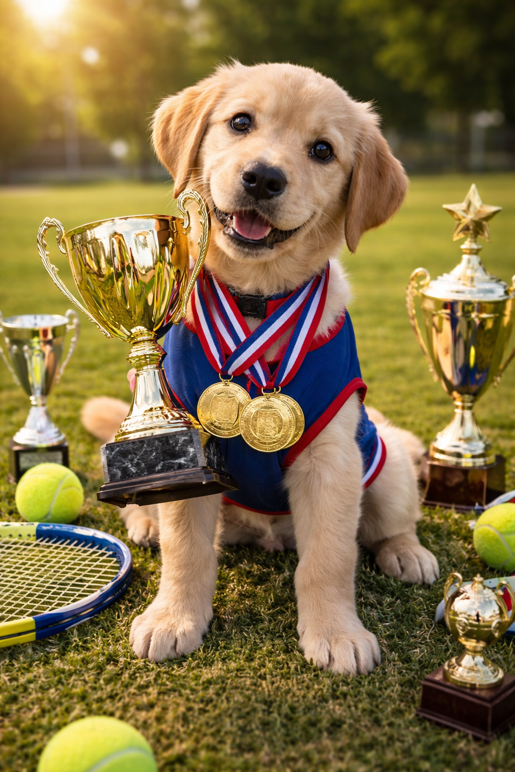 Pet as sports champion with trophy and medals