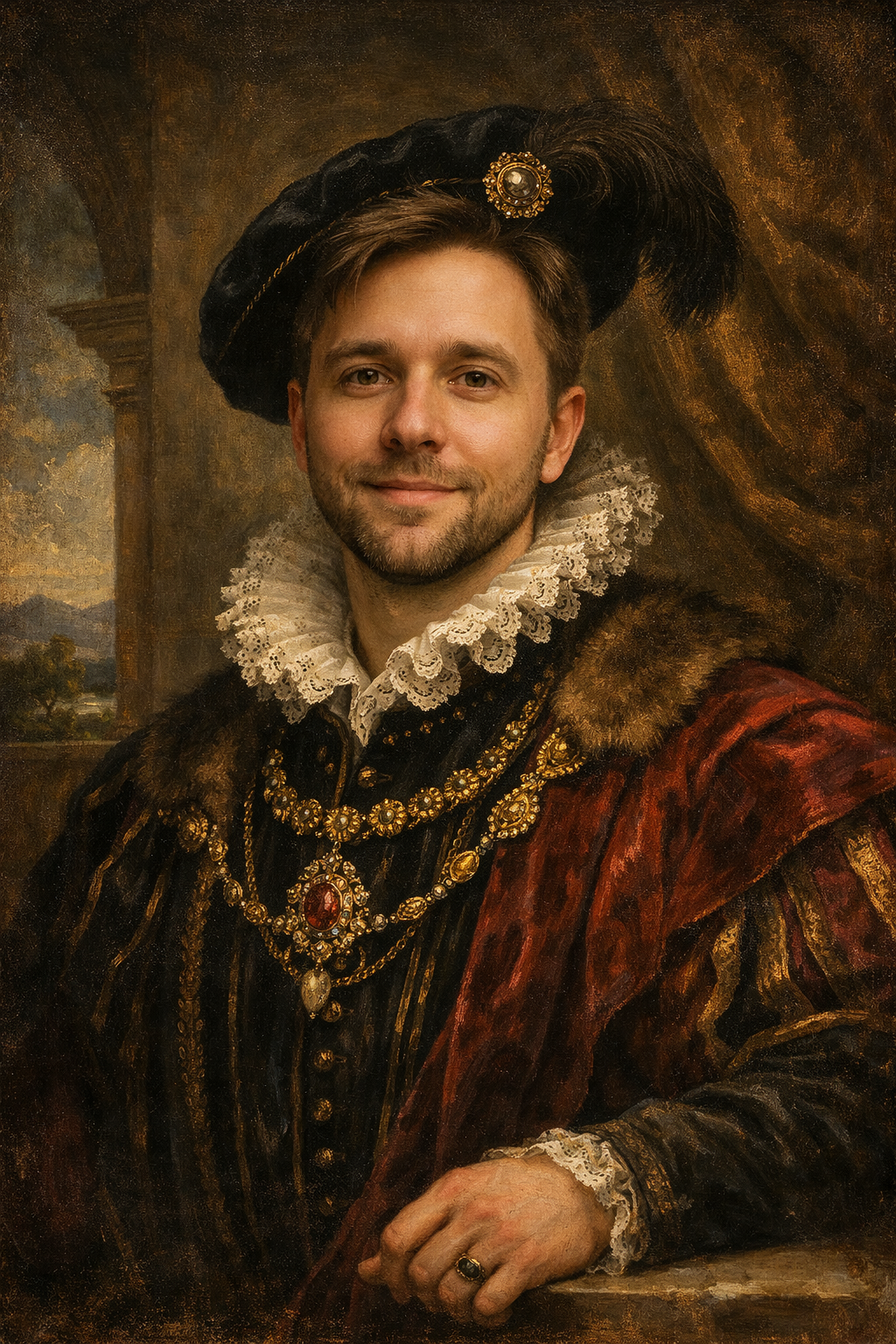 A man in Renaissance-era royal clothing and jewelry