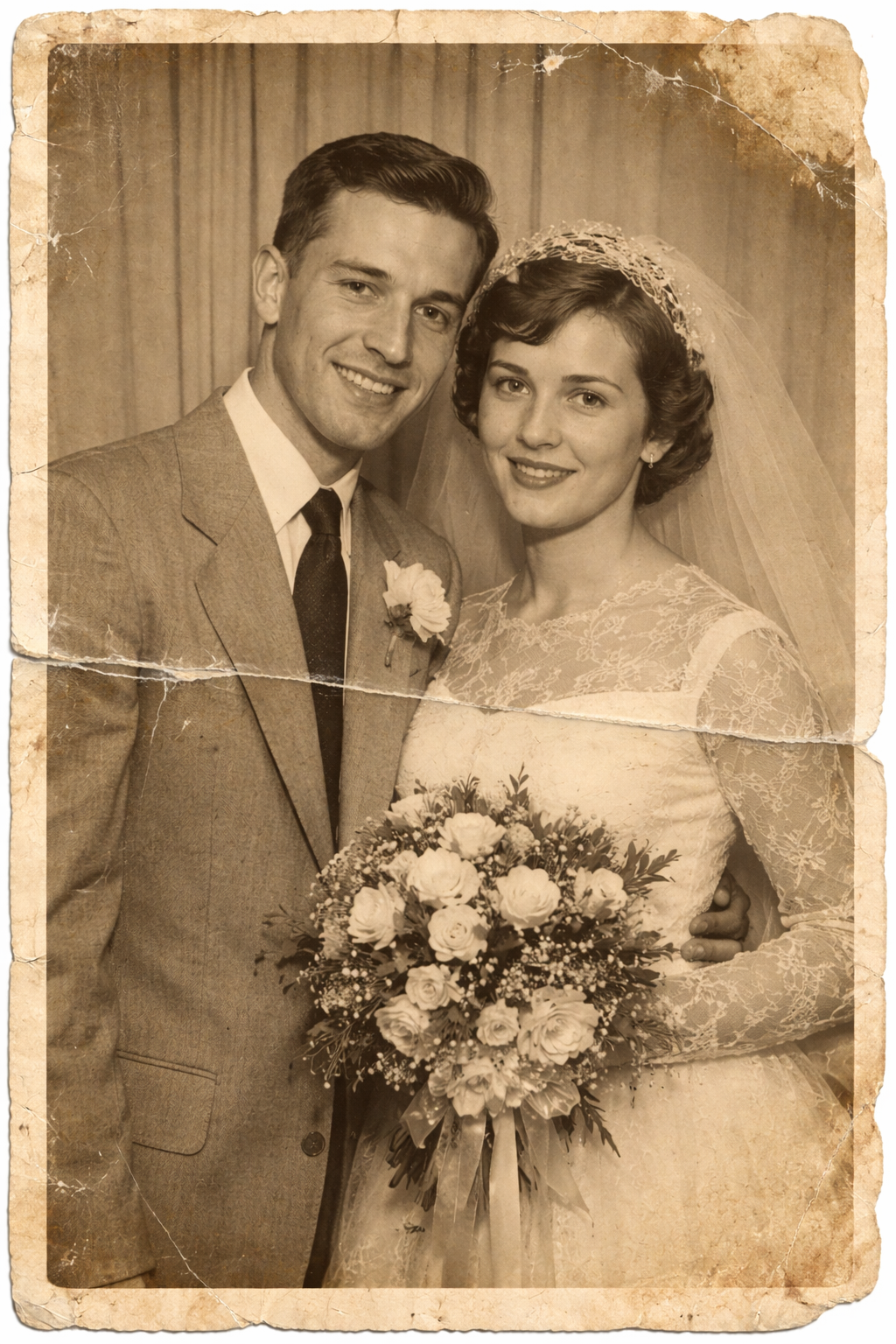 A damaged wedding photo from the 1950s showing creases and fading
