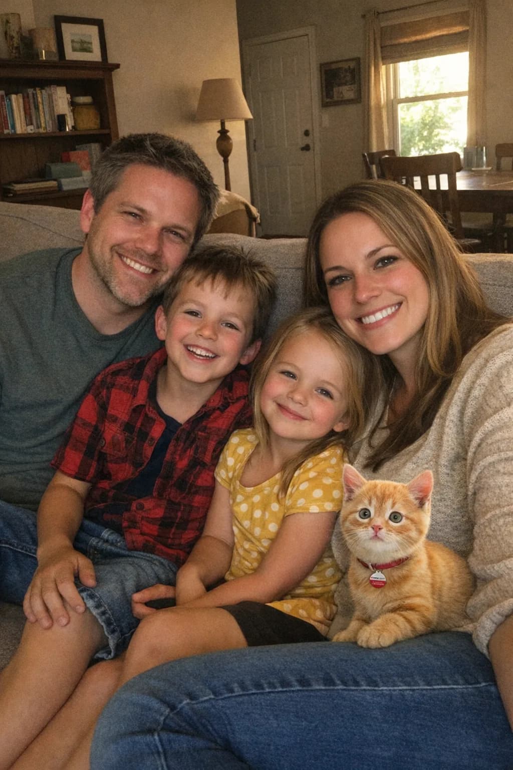 A family photo with a cat added in