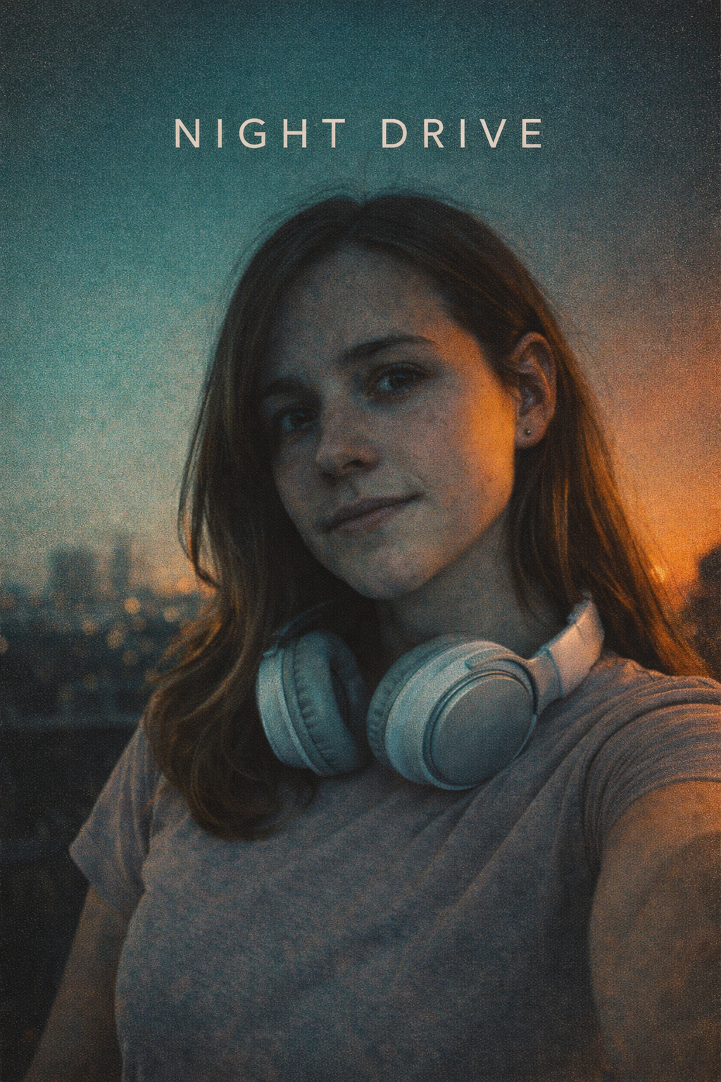 A woman styled as an indie album cover with moody lighting