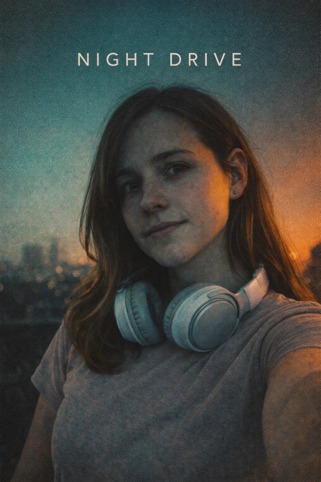 A woman styled as an indie album cover with moody lighting
