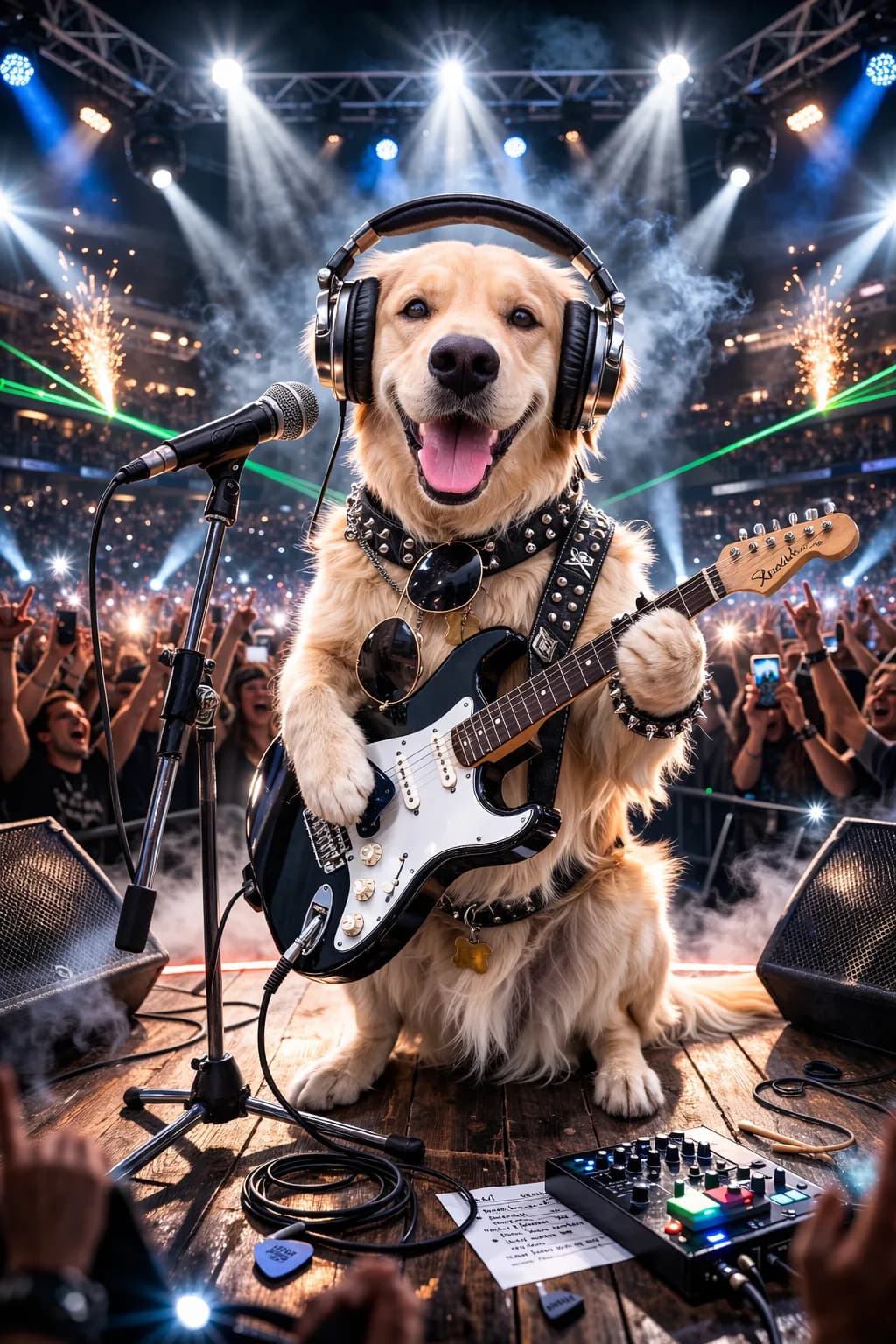 Dog as rockstar with guitar and sunglasses