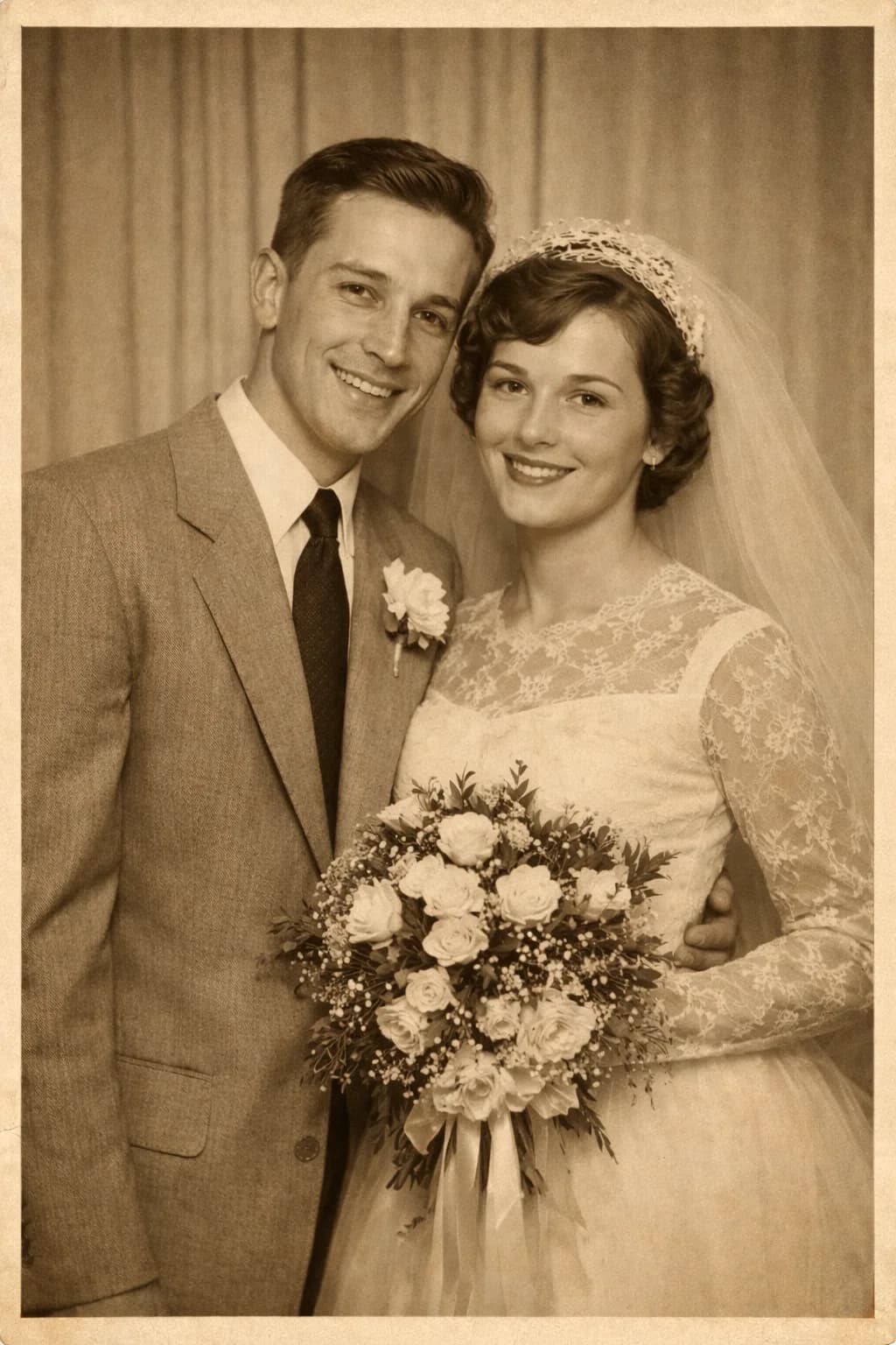 A restored 1950s wedding photo with creases and fading removed